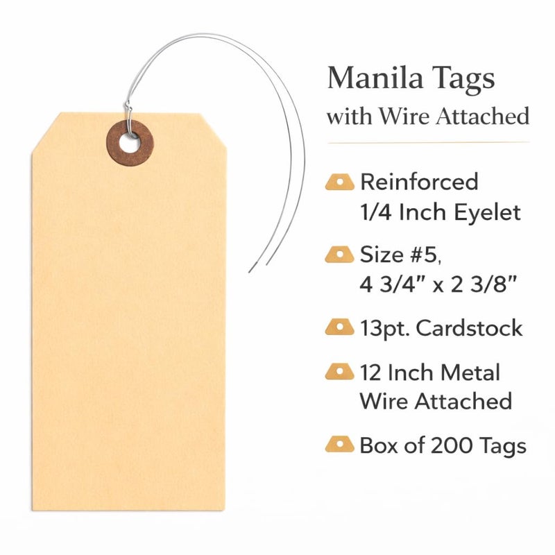 EZDOM Durable Shipping Tags with Wire Ties â€“ 200 Tags # 5, 4 3/4" x 2 3/8" â€“ Manila Paper Tags with Wire and Reinforced Eyelet - Image 2